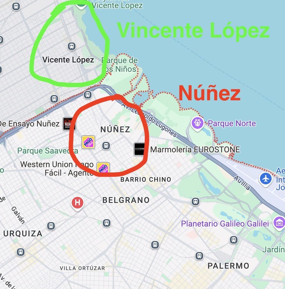 Map of Nunez and Vincente Lopez, Buenos Aires